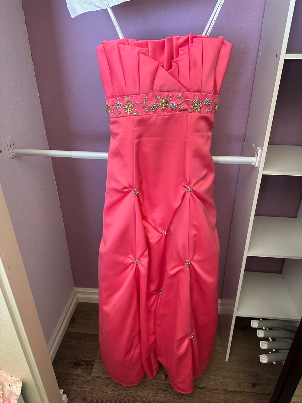 Masquerade Coral Pink Strapless Prom Gown with Beaded Waist